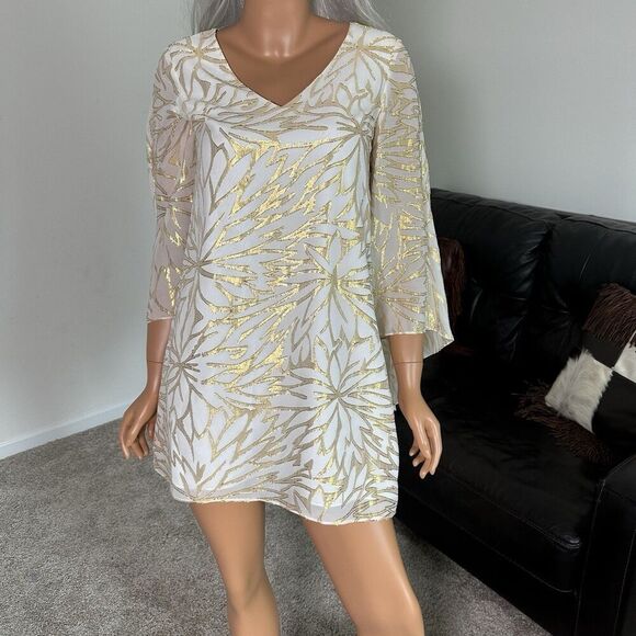 Lilly Pulitzer 4 Gold Ivory Silk Caftan Dress Palm Burst Bridal Resort Cocktail - Picture 14 of 14